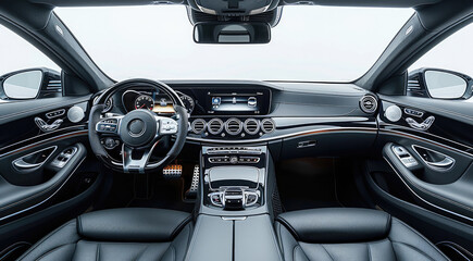 Poster - Interior of a dark gray executive car, white background. Generative AI.
