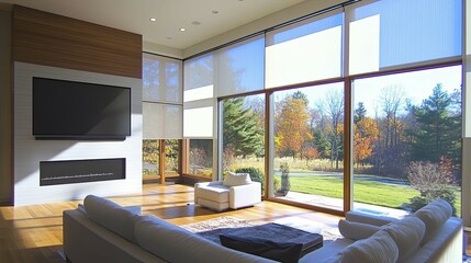 Poster - Modern Living Room with Large Windows and a View of Autumn Trees