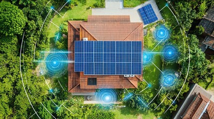 Wall Mural - Aerial View of a House with Solar Panels and Smart Home Technology