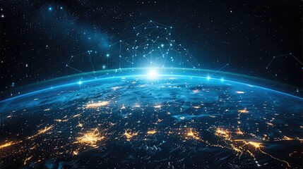 Leinwandbilder - The Earth is surrounded by a network grid. Internet coverage on Earth, space technology. Generative AI.