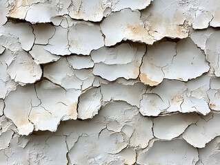 Close-up view of textured white wall with peeling paint, showcasing unique patterns and natural wear over time.