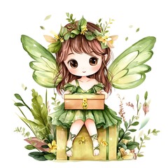 Poster - Watercolor Illustration of a Cute Fairy Holding a Treasure Chest in a Forest Setting.