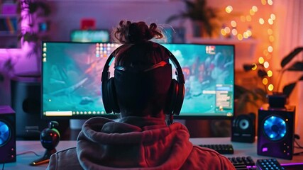 Poster - This gamer is immersed in an online gaming session at night, surrounded by vibrant lighting and two monitors displaying dynamic gameplay. The atmosphere is electric with focus.