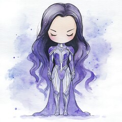 Sticker - Watercolor Illustration of a Young Woman in a Purple Dress and Armor.