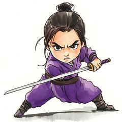 Sticker - Watercolor Illustration of a Young Female Warrior Holding a Sword.