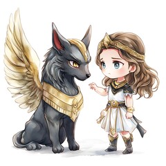 Sticker - Cute Cartoon Illustration of a Girl with a Winged Dog.