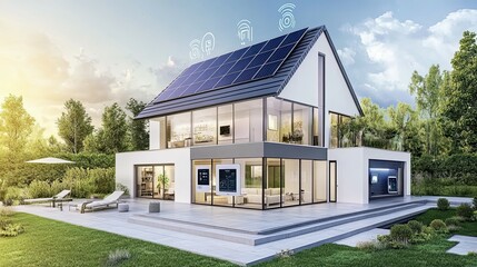 Poster - Modern Smart Home with Solar Panels and a Spacious Patio