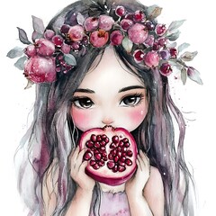 Poster - Watercolor Illustration of a Girl with a Pomegranate Crown Eating a Pomegranate.