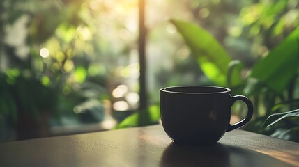 Canvas Print - A black coffee mug sits on a wooden table with a blurred background of green foliage and sunlight.