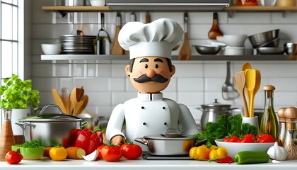 Friendly chef presenting gourmet dish with kitchen tools and ingredients in 3D on a pristine white backdrop