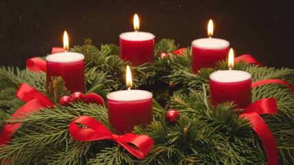 Canvas Print - Festive Advent Wreath with Red Candles and Greenery