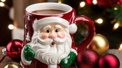 Wall Mural - Festive Santa Mug with Christmas Ornaments and Lights