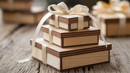 Canvas Print - Elegant Stacked Gift Boxes with Ribbons on Wooden Surface