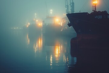 Wall Mural - A foggy night with a large ship in the water