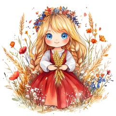 Sticker - Cute Cartoon Girl with Wheat and Flowers in Watercolor Style.