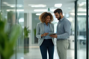 Two colleagues standing in a modern office, engaged in a discussion while reviewing