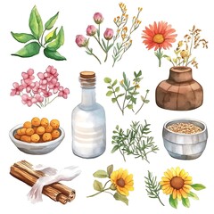 Canvas Print - Watercolor Botanical Collection of Herbs, Flowers, and Ingredients.