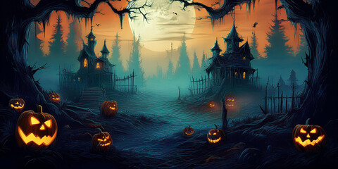 Halloween Night Background With Creepy Pumpkins Around Haunted House