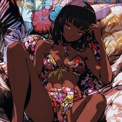 Poster - Woman in Colorful Bikini Laying on a Floral Couch.