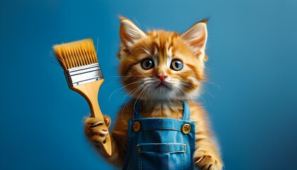 Wall Mural - Adorable kitten in an apron holding an art brush against a blue background, featuring spacious empty area for creativity