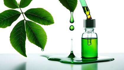 Poster - Natural plant essence in a dropper with fresh leaves, capturing the essence of nature through vibrant green liquid and a gentle falling drop on a clean white backdrop