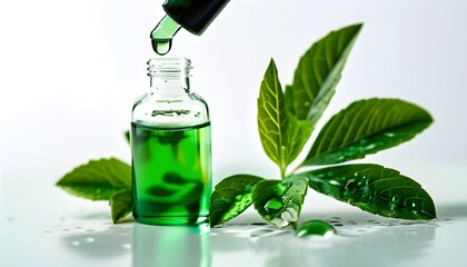 Poster - Natural plant essence in a dropper with fresh leaves, capturing the essence of nature through vibrant green liquid and a gentle falling drop on a clean white backdrop