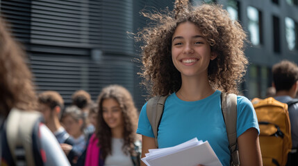 Happy student with curly hair smiling and holding notebooks outdoors at a university campus