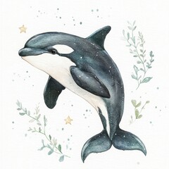 Watercolor painting of a cute orca, on a white background, with small star and leaf clipart