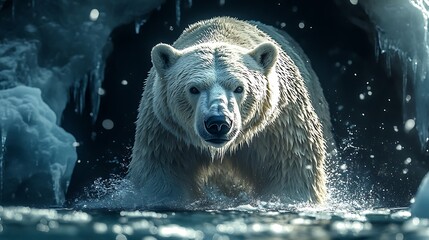 Wall Mural - A majestic polar bear emerges from an ice cave, its fur glistening in the sunlight, and water splashing around its paws as it walks towards the viewer.