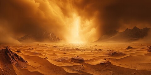 Poster - In a sandstorm on Mars, the sky is covered with thick dark yellow dust mist. The environment was dark. Generative AI.