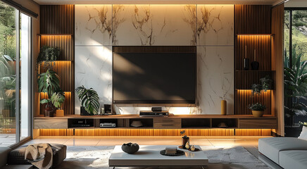 Poster - Interior design for a tv unit in modern design. Generative AI.