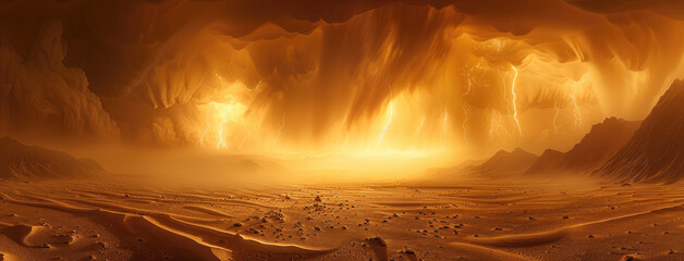 Poster - In a sandstorm on Mars, the sky is covered with thick dark yellow dust mist. The environment was dark. Generative AI.