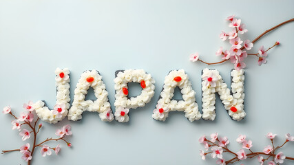 JAPAN text formed by sushi and cherry blossoms on a background. Generative AI