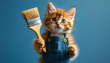 Wall Mural - Adorable kitten in an apron holding an art brush against a blue background, featuring spacious empty area for creativity