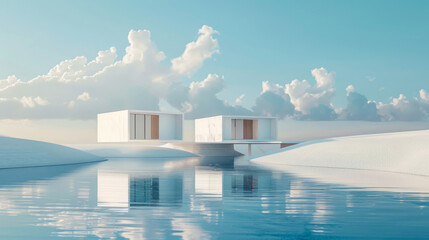 Minimalist architecture with two buildings on the water and sand dunes in between, featuring white walls and a cinematic sky.