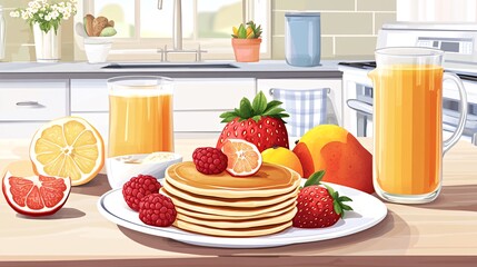 A plate of pancakes with fresh fruit, a pitcher and glass of orange juice, and a lemon on a wooden table in a kitchen.