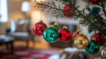 Festive Ornaments on a Christmas Tree Branch