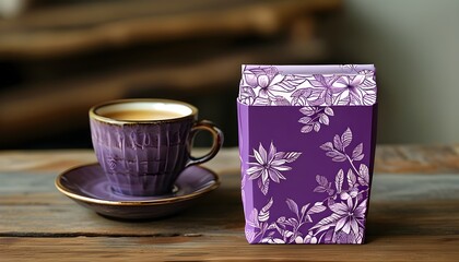 Wall Mural - Elegant purple packaging design for coffee or tea cups featuring delicate textures and intricate floral patterns