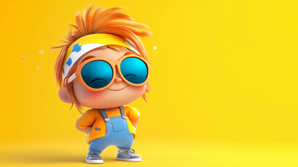 Wall Mural - 3D animated cute character wearing oversized sunglasses and casual clothing in a playful confident pose with a cartoonish and trendy design