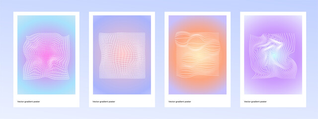 Poster - Abstract colorful blurred gradient cover template design set for poster, brochure, home decor, presentation. Cute and minimal style. Posters with geometry wireframe grid. Y2k style. Vector EPS 10