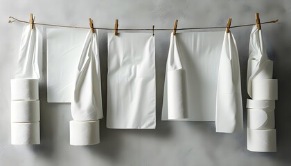 Minimalist bathroom decor featuring white toilet paper elegantly displayed on the wall