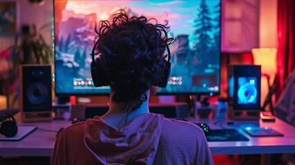 Poster - In a dimly lit room, a young adult wears headphones while engaged in an immersive gaming experience on a large monitor, creating a vibrant atmosphere.