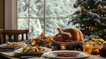 Wall Mural - Festive Christmas Dinner with Roasted Turkey and Winter Wonderland View