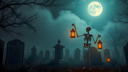 Wall Mural - A skeleton holding two lanterns walks through a foggy graveyard at night. The full moon casts an eerie glow over the scene.