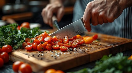 Wall Mural - Close-up of a chef's hands chopping cherry tomatoes on a wooden cutting board.