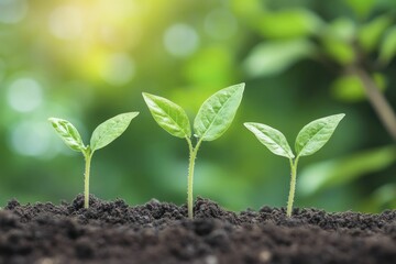 Poster - Fresh Green Shoots: Two Young Plants Emerging from Rich Soil, Symbolizing Growth, Renewal, and the Beauty of Natures Lifecycle in a Serene Garden Setting