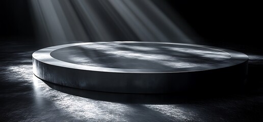 Wall Mural - Circular podium with a metallic finish in a dark studio, illuminated by spotlights.