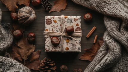 Wall Mural - Cozy Autumn Stilllife with Wrapped Gift, Leaves, and Pinecones