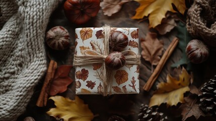 Wall Mural - Cozy Autumn Stilllife with Wrapped Gift and Fallen Leaves