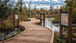 © farhan - A wooden boardwalk winding through a wetland preserve, with educational signage and lookout points